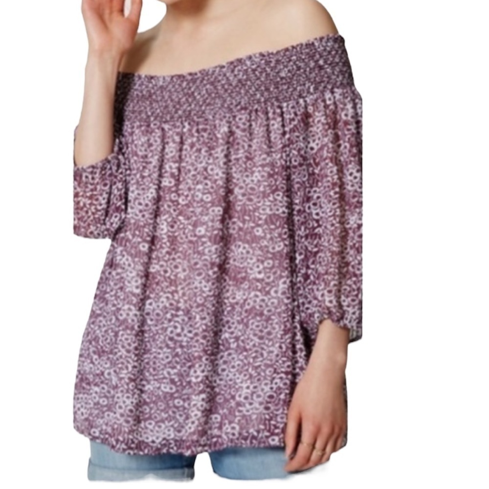 𝅺ANN Taylor LOFT Off The Shoulder Floral Purple blouse top Sz M